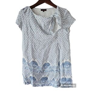 ADOLFO DOMINGUEZ Women's Blue White Printed Short Sleeve Tie Neck Linen Top 36